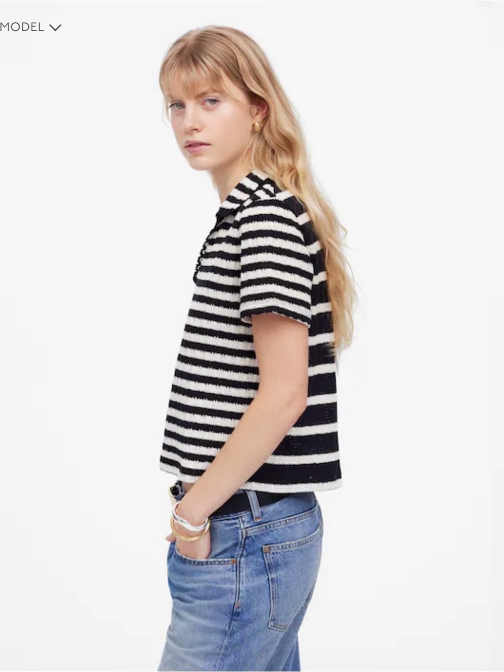 Madewell‎ Stripe Crochet-Knit V-Neck Sweater Tee Classic Feminine Preppy - Picture 4 of 12